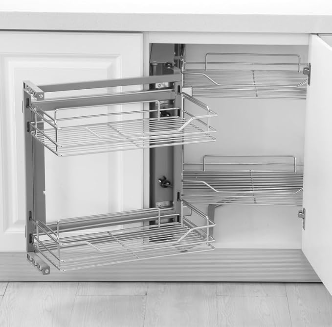 Stainless Steel Pull-Out Corner Cabinet Organizer - Heavy-Duty L-Shaped Kitchen Organizer with 4 Baskets, Left/Right Opening Adjustable for Pantry, Laundry & Cafe (Grey, 35.24"