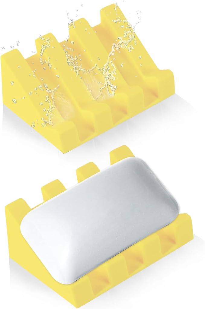 Silicone Soap Dish for Bar Soap Holder for Shower Bathroom Self Draining Waterfall Drying Tray Keep Soap Bars Dry Clean & Easy Cleaning (Yellow, 2)