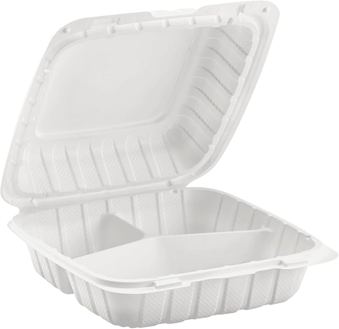 KARAT EARTH Clamshell Take Out Food Containers [8"x8" - 200 ct] To Go Containers | 3 Compartment, Soak-Resistant, Durable, Stackable | Vented for Hot/Cold Foods, White