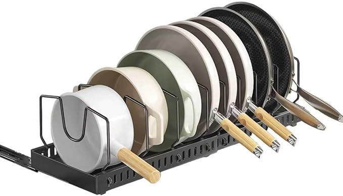 pull-out pots and pans organizer under cabinet,pot lid organizers inside cabinet holders for kitchen,Horizontal and vertical pulling modes,Can be extended and adjusted (Black horizontal)