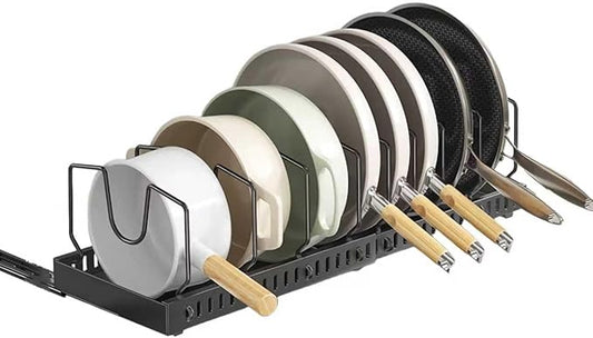 pull-out pots and pans organizer under cabinet,pot lid organizers inside cabinet holders for kitchen,Horizontal and vertical pulling modes,Can be extended and adjusted (Black horizontal)