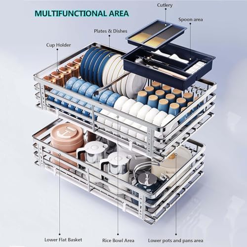 Stainless Steel Pull-Out Kitchen Drawer Organizer, Rust-Proof Telescopic Slide-Out Cabinet Basket with Damping Buffer Tracks, Space-Saving Storage for Pots, Pans, and Pantry Essentials