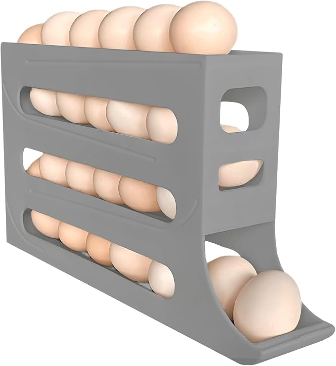 30 Eggs Egg Holder for Fridge - Auto Rolling Fridge Egg Organizer, Space-Saving Egg Dispenser Holder, 4 Tiers Fridge Egg Rack Large Capacity Egg Dispenser for Refrigerator (Grey)