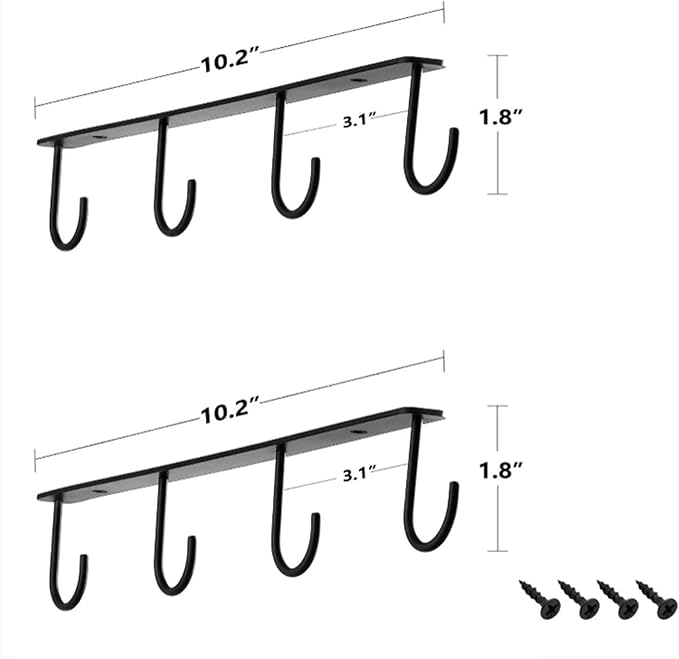 Mug Holder Under Cabinet 2pcs Coffee Mug Rack Metal Mug Organizer Under Shelf Mug Hanger Storage with 8 Hooks for Bar Kitchen Utensils/Coffee/Tea Cup Black