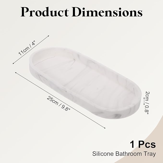 uxcell Bathroom Vanity Tray, 9.8" x 4" Oval Silicone Soap Dispenser Trays, Shatterproof Kitchen Sink Organizer for Soaps Keys Candle Trinket, Marble White