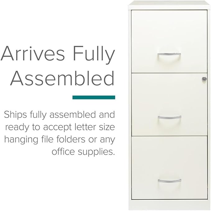 Scranton & Co 18" Deep 3 Drawer Metal Vertical Filing Cabinet, Letter Size, Locking, Home Office, in Pearl White