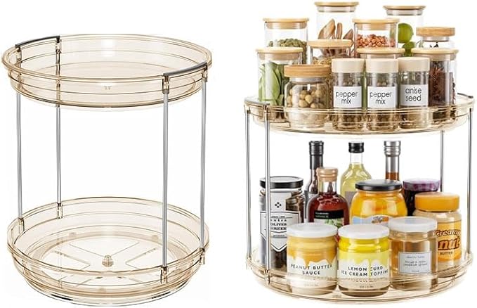 2 Tier Lazy Susan Organizer, 9.25'' Spice Rack for Cabinet, Stackable Turntable Organizer Rotating Makeup Organization for Kitchen Countertop, Pantry, Bathroom, 1PC ﻿