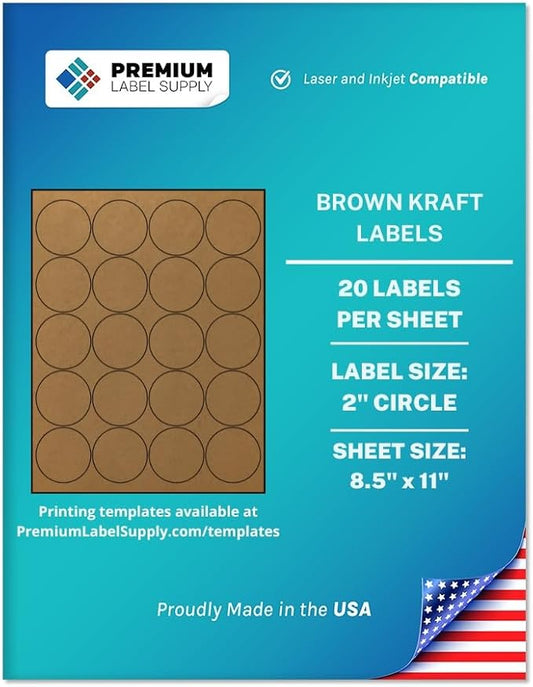 Premium Label Supply Brown Kraft Sticker Round Labels – 2" Circle – Laser/Inkjet Compatible – (20 per Sheet), 25 Sheets – 500 Total Adhesive Labels