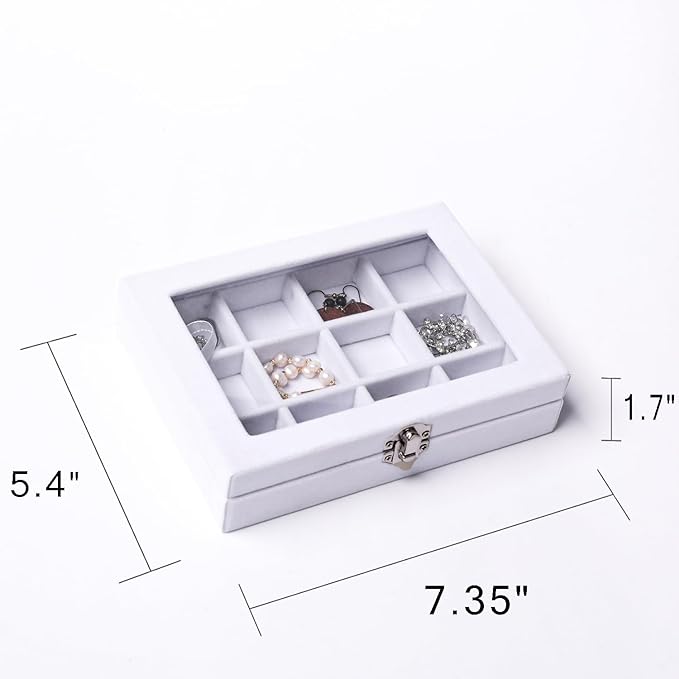 Frebeauty Jewelry Organizer Tray with Clear Lid 12 Grid Velvet Drawer Insert Jewelry Box with Transparent lid Jewelry Display Case Store Showcase Jewelry Box Gift for Women(White,12 Grid) (Pack of 2)