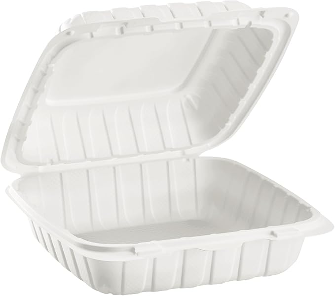 KARAT EARTH Clamshell Take Out Food Containers [8"x8" - 200 ct] To Go Containers | Microwavable, Freezer Safe, Soak-Resistant, Durable, Stackable | Vented for Hot/Cold Foods, White