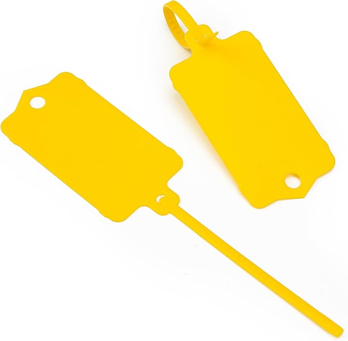 LeadSeals 100pcs Blank Plastic Tags for Labeling Reusable Hanging Tags Ties Key Tag Storage Labels Waterproof Plastic Mark Label Writable Hang Sign with One Marker Pen (Yellow)