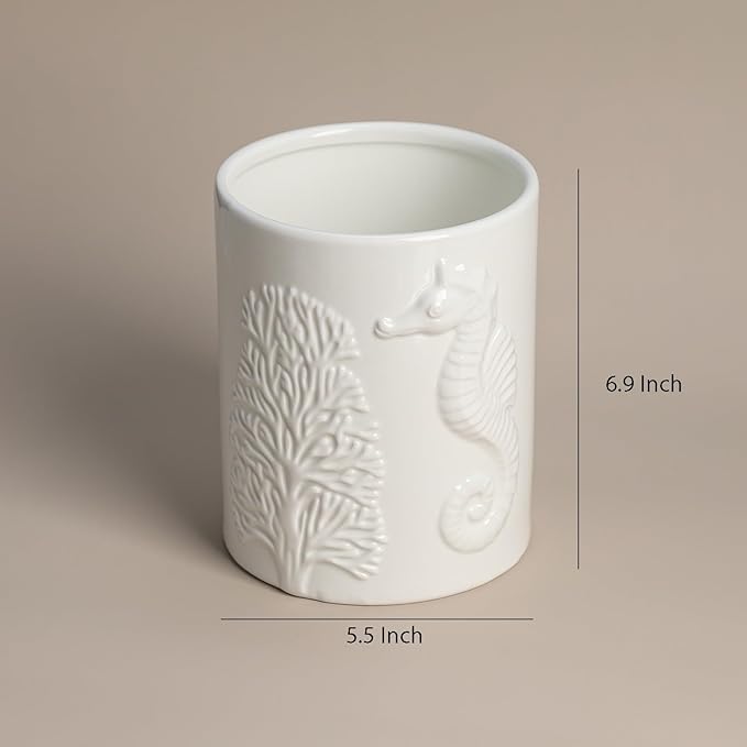 Ceramic White Seahorse Embossed Pattern Kitchen Utensil Holder, Large Cooking Utensil Crocks for Countertop, Ocean Style Utensil Organizer for Spatula and Home