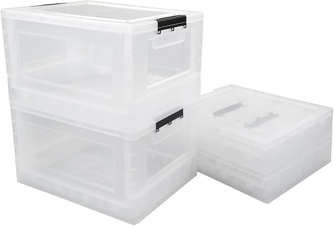 Qsbon Qskely 30 L Clear Plastic Collapsible Storage Crate, Folding Storage Box with Lid, 4-Pack