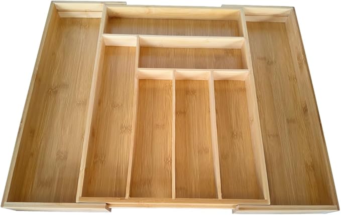 Adjustable Bamboo Drawer Organizer, Expandable Silverware Drawer Organizer, Large Cutlery Tray with Wooden Drawer Dividers for Flatware Organizing Kitchen Utensils Holder (6-8 Slots, Natural)