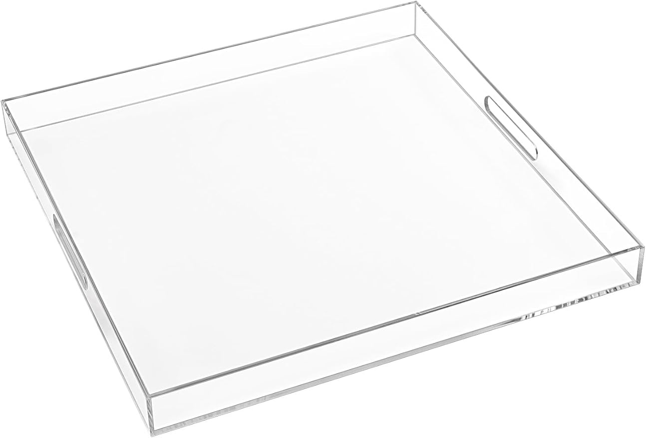 18×18 Inch Clear Acrylic Serving Tray with Handles Extra Large Ottoman Tray Decorative Tray Spill-Proof Coffee Table Space Saver Oversize Counter top Organizer Platter with Safe Edge
