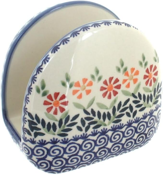 Blue Rose Polish Pottery - Orange Garden Bouquet Napkin Holder - 5" x 5" - Ceramic Napkin Holders, Decorative Dining Table Accessories