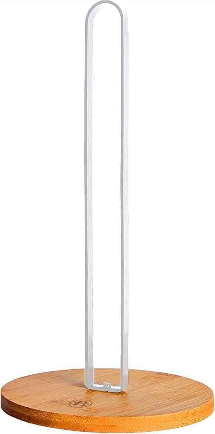 Paper Towel Holder - Wooden Countertop Stand with Non-Slip Wood Base, Minimalistic Modern Style for Kitchen, Home, Office (White)