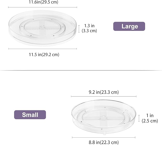Puricon 2 Pack Clear Lazy Susan Turntable Organizer (12" & 9.25"), Plastic Rotating Tray Home Edit Lazy Susan Spice Rack Cabinet Organizer for Pantry Countertop Kitchen Fridge Bathroom -Low Edge