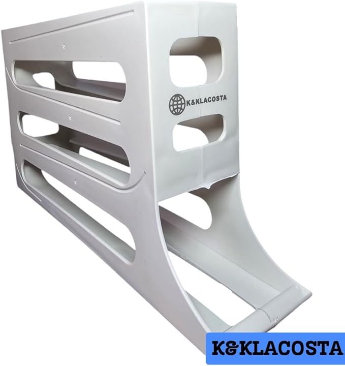 K&KLACOSTA 4 Tier Egg Tray, Automatic Egg Rolling Dispenser Rack for Storing Organizing Distributing and Rolling Eggs in Refrigerator Stackable, in Kitchens, Cabinets, Dining Tables (White)