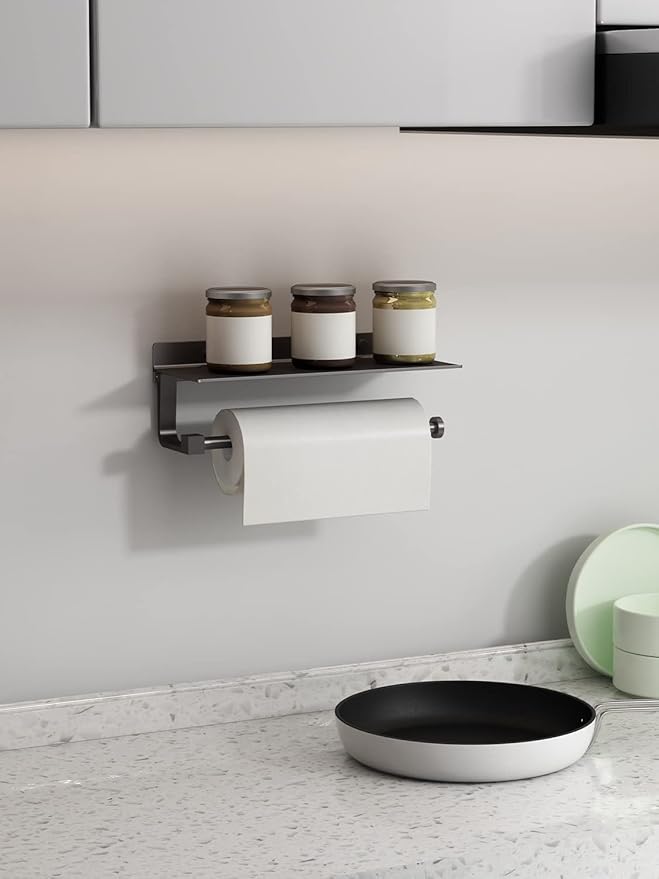 Paper Towel Holder Wall Mount - for Bathroom Hand Towel Holder for Bathroom Black Paper Towel Holder with Shelf Grey