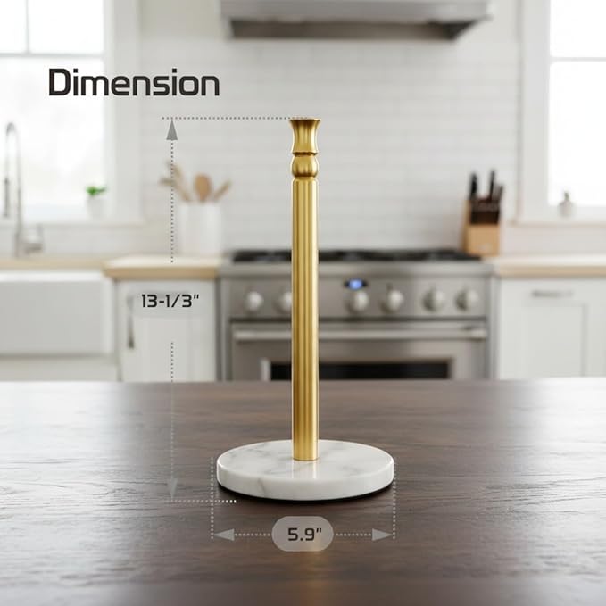 Paper Towel Holder Stand, One-Handed Ripping Paper Towel Roll Holder Countertop, Heavy Marble Base, NOT Tip Over - (Marble Base, Gold)