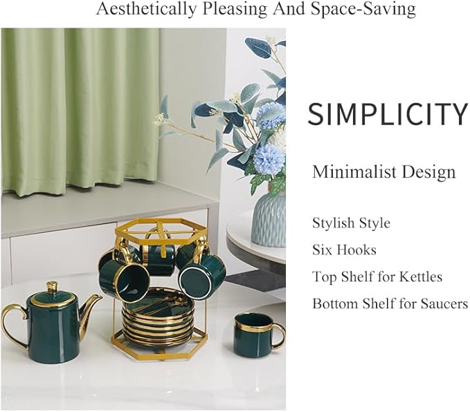 Coffee Mug Holder Countertop,Muted Golden Yellow Metal Coffee Cup Holders for Counter,Warm Dark Gold Mug Stand Rack for Counter Top 6 Hooks(Hexagon,Muted Gold)