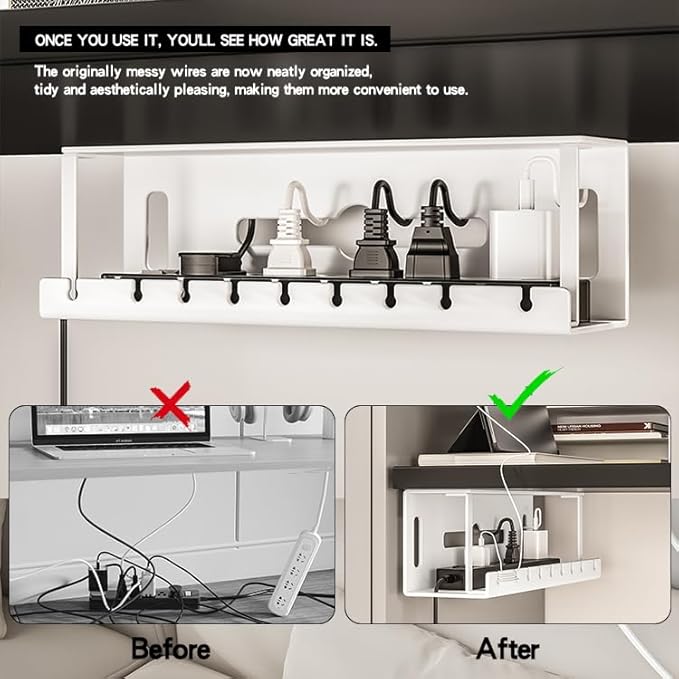 Under Desk Cable Management Tray Wires Organizer Power Strip Management No Drill Under Table Organizer for Cable Storage Holder for Office Home Desk/Table (WHITE-50CM)