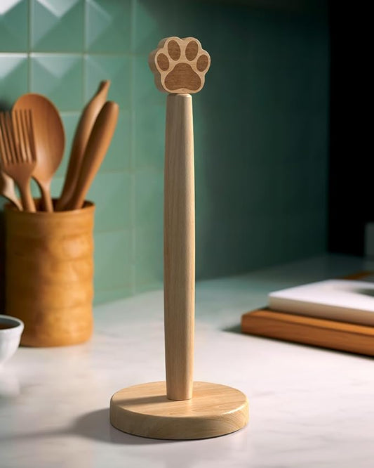 KitchLife Cute Wooden Paper Towel Holder Countertop - Solid Freestanding Paper Towel Dispenser Stand Organizer with Anti-Skid Base (Paw)