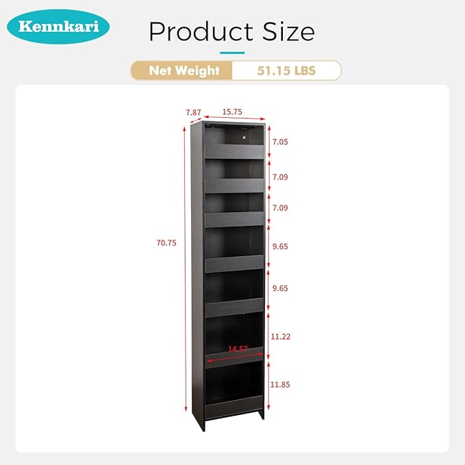 7 Tier multi-functional pull-out storage Cart for Next to Fridge, Rolling Slim Narrow Utility Cart for Small Spaces, Single sided open Spice Rack for Kitchen, Living Room & Narrow Spaces (Black)