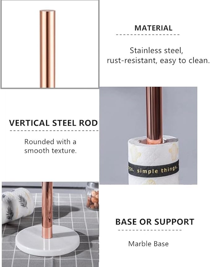 Kitchen Paper Holder, Paper Towel Holder 36 cm x 15 cm (Rose Gold), Stainless Steel Rose Gold Kitchen Roll Holder with White Marble Base