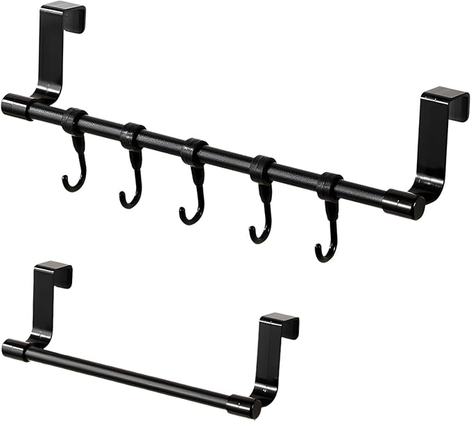 2Pcs Towel Holder, Over Cabinet Door Towel Rack with Hooks, Multi-Purpose Kitchen Towels Rack and Hanger Organizer for Sink Bathroom Pantry Door (Black)