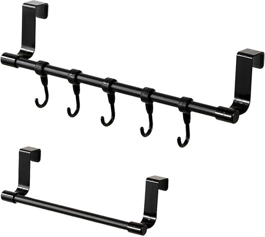 2Pcs Towel Holder, Over Cabinet Door Towel Rack with Hooks, Multi-Purpose Kitchen Towels Rack and Hanger Organizer for Sink Bathroom Pantry Door (Black)
