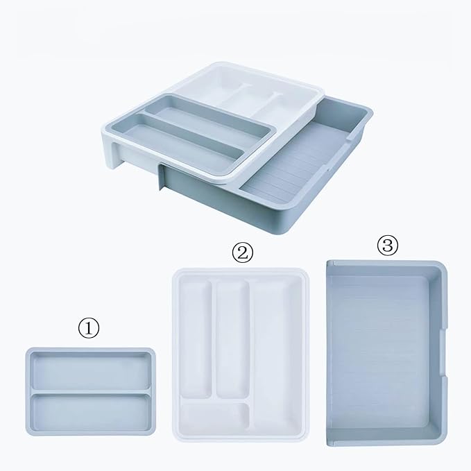 HornTide 3-in-1 Cutlery Tray, Expandable Utensils Holder, Plastic Kitchen Drawer Organizer for Silverware Storage and More - Blue
