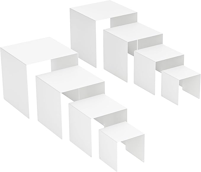 Matte Metal Display Stand,6 Pcs 2 Set Display Risers for Display, Metal Rectangular Display Shelf for Showcase, Dessert, Toys, Perfume (White, 3''x4''x5 x6)