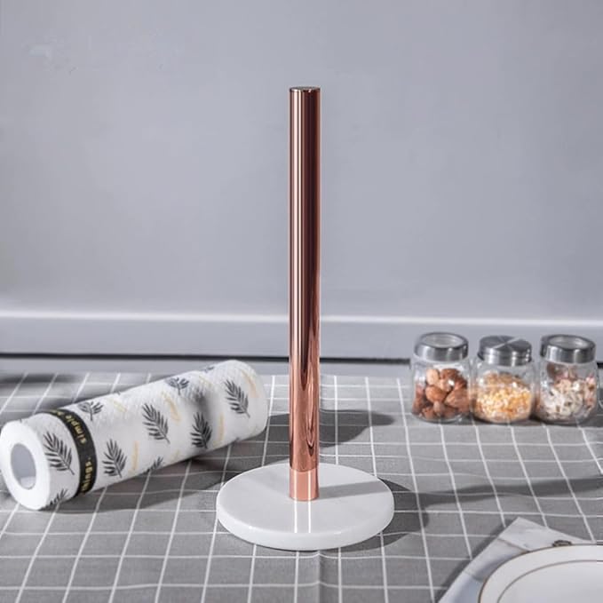 Kitchen Paper Holder, Paper Towel Holder 36 cm x 15 cm (Rose Gold), Stainless Steel Rose Gold Kitchen Roll Holder with White Marble Base