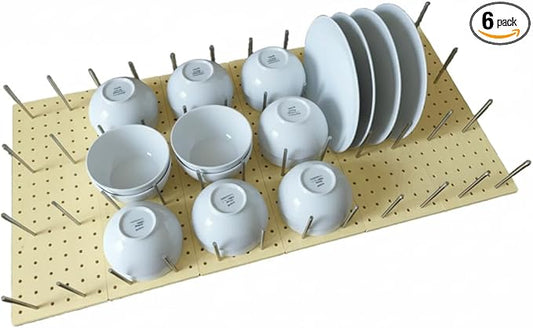 6-Pack Wood Pegboard Drawer Organizer-Unbroken Legs, with 48 Stainless Steel Pegs&Hand Saw, Adjustable Peg System for Plates, Bowls, Dishes, Utensils (35.4"x17")