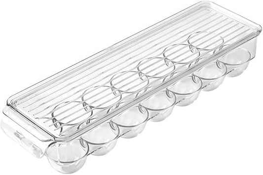 TKOWTB Clear Plastic Egg Holder - 14 Egg Tray Holder - Free Fridge Organizer with Lid, Refrigerator Storage Container 37 X 11cm