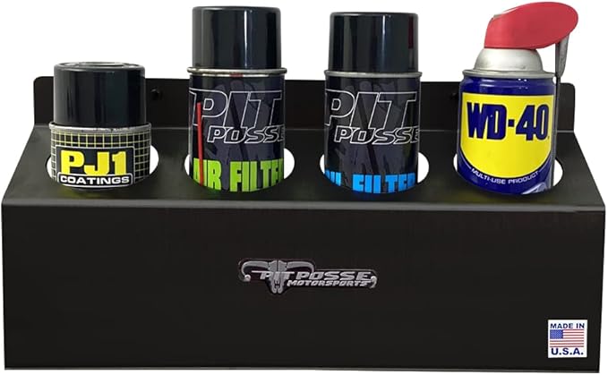 Pit Posse 303BK Four Bottle Aerosol Spray Can Rack Shelf Holder 15.5" Caddy - Made in USA - Aluminum Enclosed Trailer Shop Garage Storage Organizer - Mounting Hardware Included (Black)
