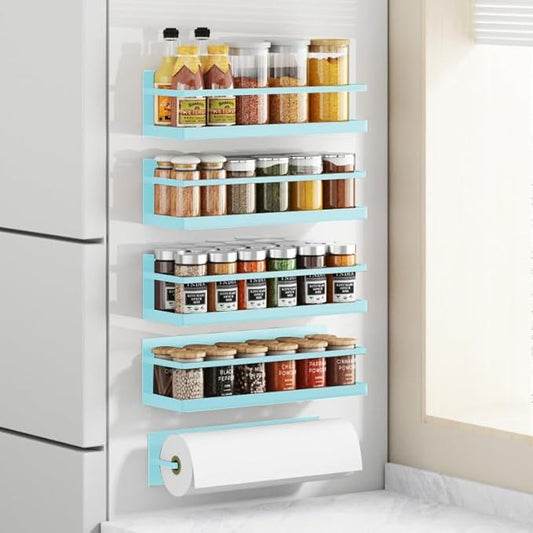 Roysili Magnetic Spice Rack For Refrigerator, Space Saving Magnetic Shelf For Fridge Blue 4 Pack With Magnetic Paper Towel Holder