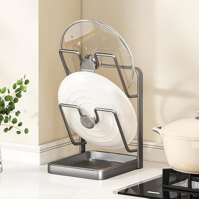 Kitchen Pot Lid Storage Rack, Pot Lid Organizer with Removable Drip Tray & U-Shaped Holder - Space-Saving Countertop & Stove Top Organizer, Perfect for Home Chefs