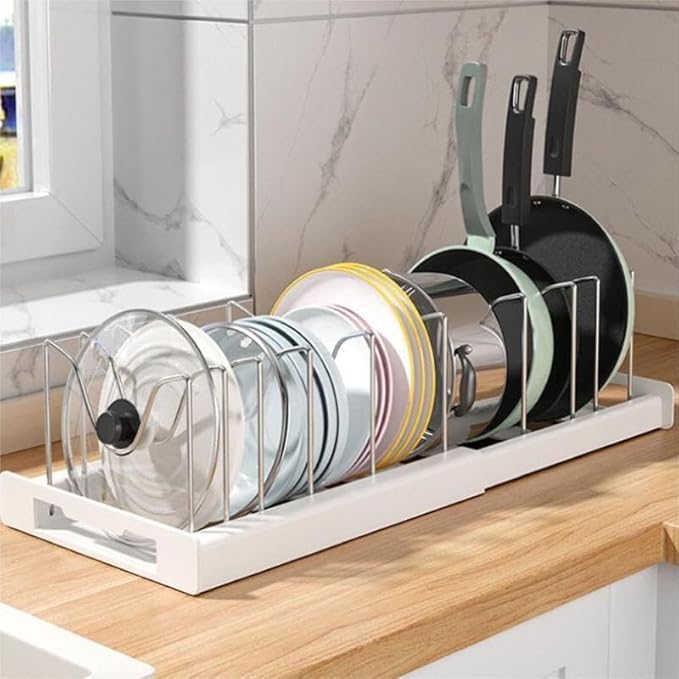 Adjustable Expandable Cookware Organizer – 7 Stainless Steel Dividers for Cabinets, Perfect for Pot Lids & Baking Trays, White Kitchen Storage Rack (White)