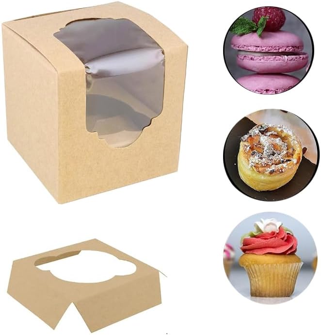 Generic 50PCS 2.5 × 2.5 × 2.5 inch mini Cake Boxes with Window Bakery Boxes Pastry Boxes for Cake, Pastries Chocolates Cupcakes (Kraft), 2.5CDGH