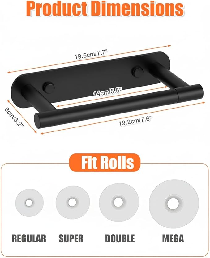 YUET Toilet Roll Holder, Self Adhesive or Screw in Wall Mounted Options, Double Post Pivoting Tissue Roll Holder, Stainless Steel Rustproof Stick On No Drilling Wall Mount for Bathroom, Matte Black