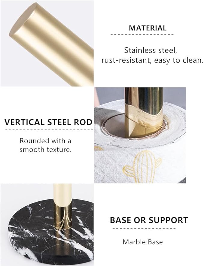 Stainless Steel Kitchen Roll Holder in Gold Champagne with Black Marble Base, Kitchen Paper Holder, Kitchen Paper Stand, 14.17 in x 5.91 in Diameter (Gold Champagne)