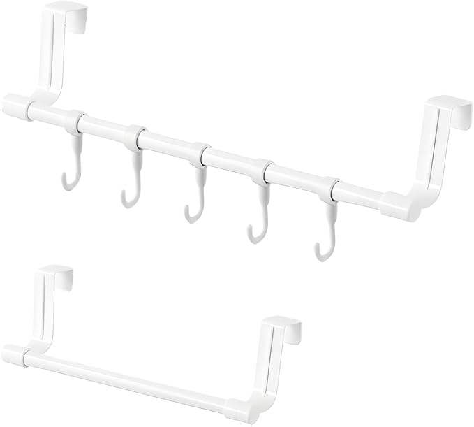 2Sets Towel Holder, Over Cabinet Door Towel Rack with Hooks, Multi-Purpose Kitchen Towels Rack and Hanger Organizer for Sink Bathroom Pantry Door (White)