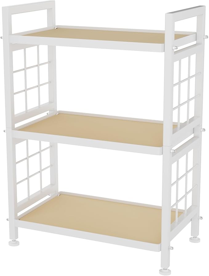 GIOTORENT 3-Tier Pantry Shelves with Wooden Boards, Heavy Duty Storage Shelves & Book Shelf, Adjustable Metal Shelving Unit for Kitchen Bathroom Laundry Organizer, Sturdy Rust-Resistant, White