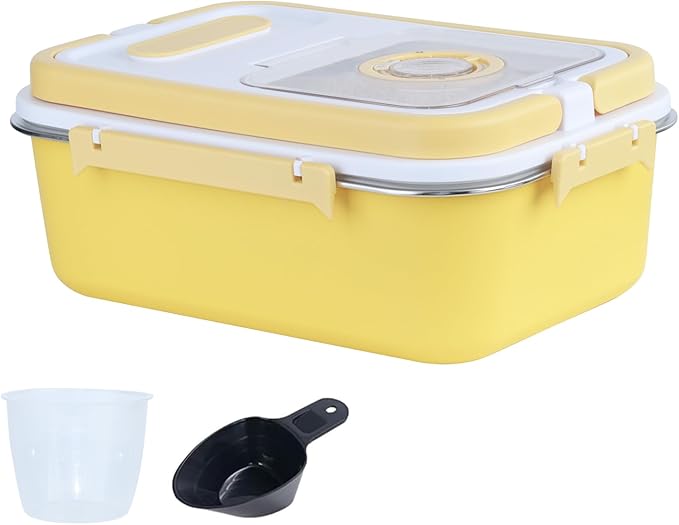 Airtight Stainless Steel Food Storage Container 15lb - Kitchen & Pantry Canister for Rice, Flour, Sugar, Baking Supplies with Measuring Cup & Spoon (Yellow)