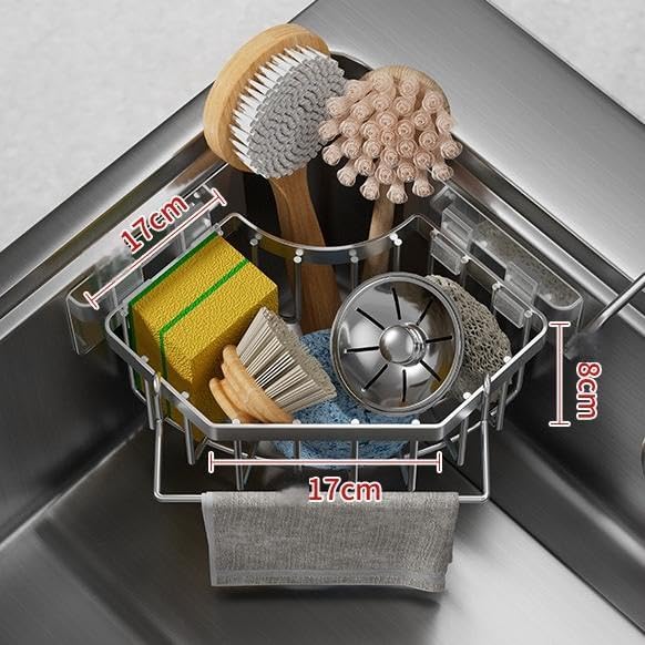 Corner Sink Organizer, Silver Stainless Steel Sponge Holder with Towel Bar, Self-Adhesive Kitchen Storage Rack, 6.3x6.3x3.2 Inches
