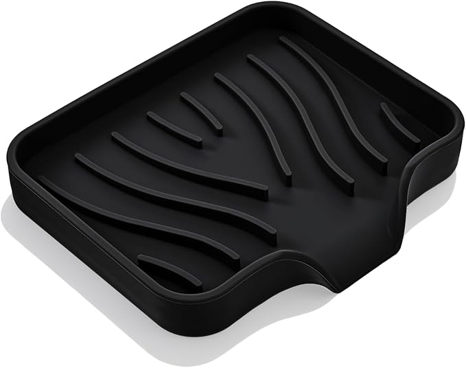 Grevosea Kitchen Sink Sponge Holder, Silicone Dish Sponge Holder with Drain Spout Soap Dish Tray for Shower Bathroom Scrubbers Kitchen Sink Organizer Accessories (Black)