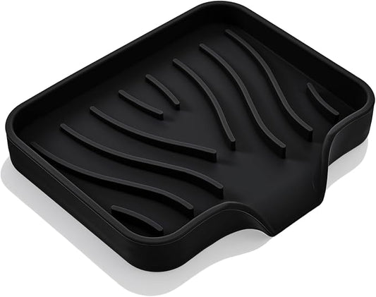 Grevosea Kitchen Sink Sponge Holder, Silicone Dish Sponge Holder with Drain Spout Soap Dish Tray for Shower Bathroom Scrubbers Kitchen Sink Organizer Accessories (Black)
